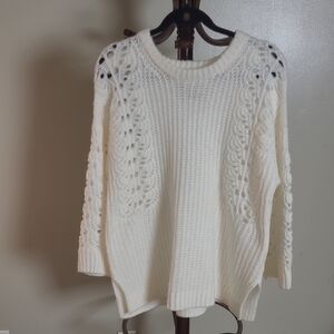 Anthropologie Cream Openwork Cable-Knit Crewneck Sweater